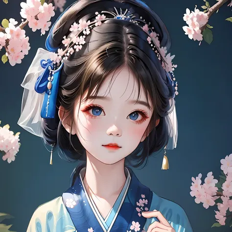 little girl wearing blue kimono, with cherry blossom as background, gufeng_style,1 girl,masterpiece, best quality, ultra-detaile...