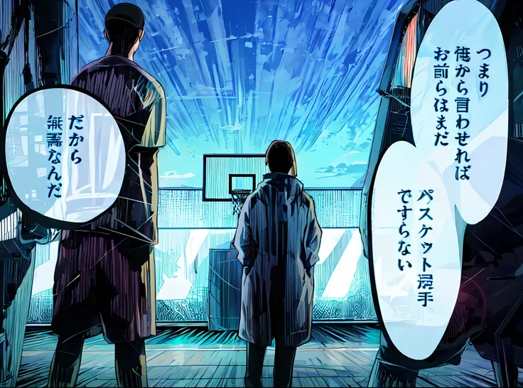 a anime of a boys manga, silhouette with light, basketball court outdoor, text manga, color manga, manga color, color manga, col...