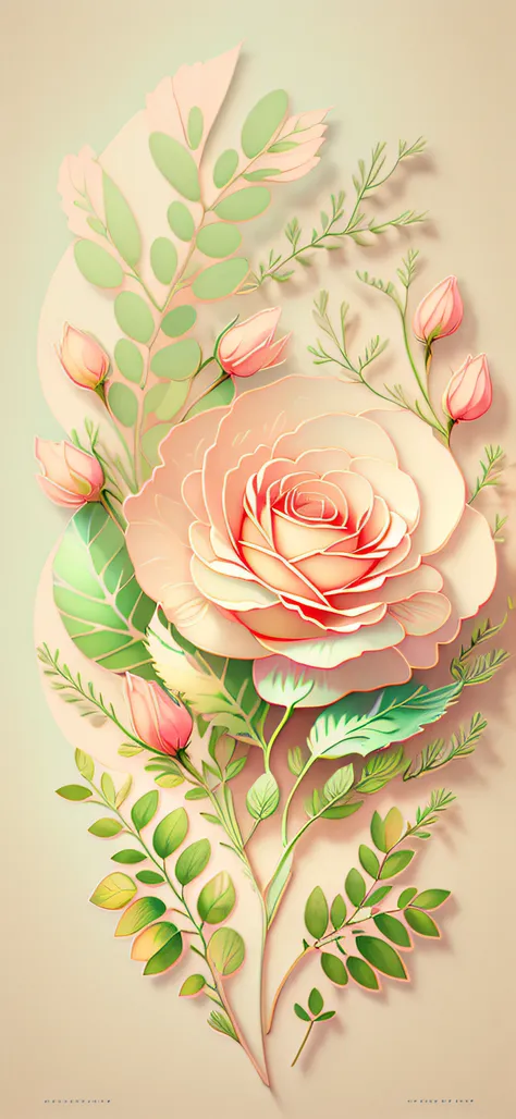 roses, delicate pastel background with veined leaf ornament, thin dark lines, dark veins in the leaves, transparent flower petal...