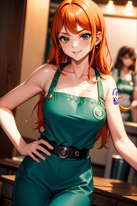 arafeel woman in green apron standing in front of counter with coffee, starbucks aprons and visors, ( waitress ) girl, mysteriou...