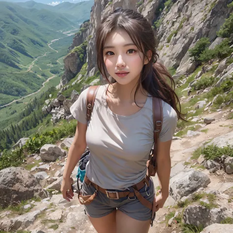 Naturescape photography; mountain climbing; (1woman:1.3, solo), (cowboy shot:1.3), (slender body), (white t-shirts, Trekking shorts, trekking boots), Walking along a mountain road, Rough road, boulders),
(High-ponytail), (dark brown hair),
(asian girl, ...