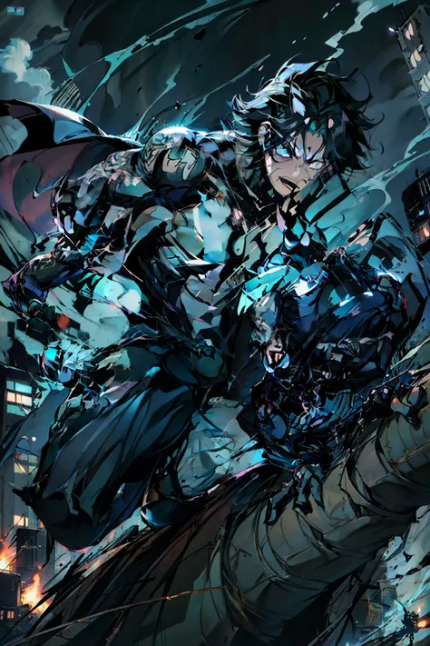 《the original god》Arataki Kazuto , male people, chest muscle, Sexy , Venom symbiote for your body, Black mucus of the body , into venom, venomize,Black bodysuit,(Cloak),Red cape,Abs,(Adult male)((Venom possession,venom symbiote)),over-Tortoise Man,Battle d...