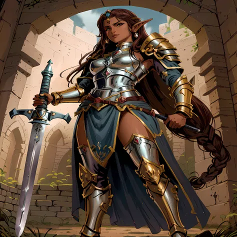 Dark brown skinned goblin in armor holding a sword in a courtyard, Retrato do Paladino Feminino, fantasia paladin mulher, gorgeous female paladin, female paladin, picture of female paladin, retrato cavaleiro feminino, cavaleiro feminino, cavaleiro elfa fem...