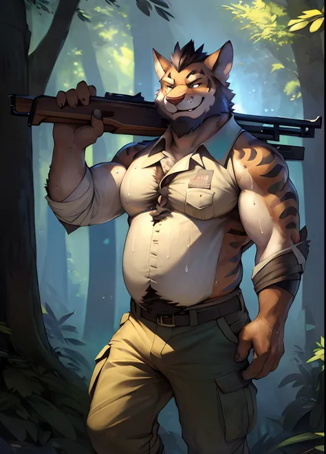 Yan Shu Chi， Solo exhibition， by Pixelsketcher， by Bayard Wu， by Thomas Benjamin Kennington， by Einshelm， 1 handsome uncle，Short black hair，Beard，Chubby figure，large pecs，Bare top，Wear cargo pants，Carrying a shotgun，Enchanted smile，sweat leggs，Masterpiece ...