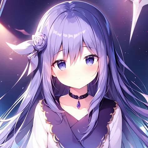 tmasterpiece,Best quality at best,1girll,独奏,lookingat_at_peeping at the viewer,By bangs,Mono Color,The upper part of the body,Closed_Mouth,purple_Background,White color hair,eBlue eyes,solo person,short detailed hair