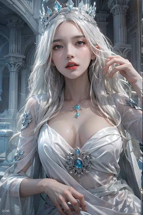 photorealistic, high resolution, 1women, solo, hips up, look at viewer, white hair, long hair, dress, ice queen, crown, jewelry, tattoo