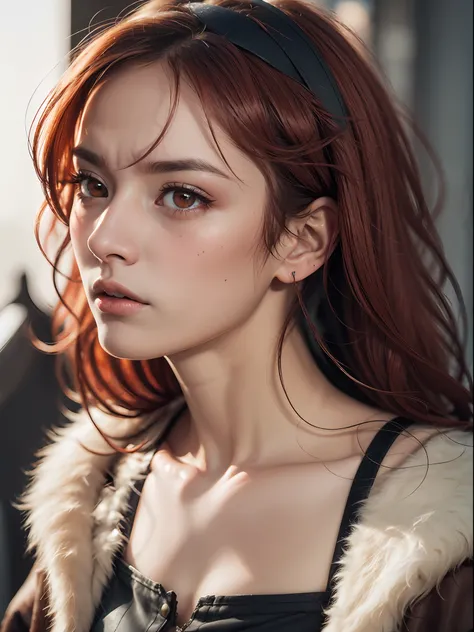 (masterpiece, best quality:1.4), (close up:2), (face focus:1.5) (european youth:1), 1girl, AdultEris, 1girl, red_hair, solo, long_hair, breasts, large_breasts, red_eyes, (red eyes:1.3), brown_chaps, brown_shorts, navel, hairband, brown_coat_white_fur, midr...