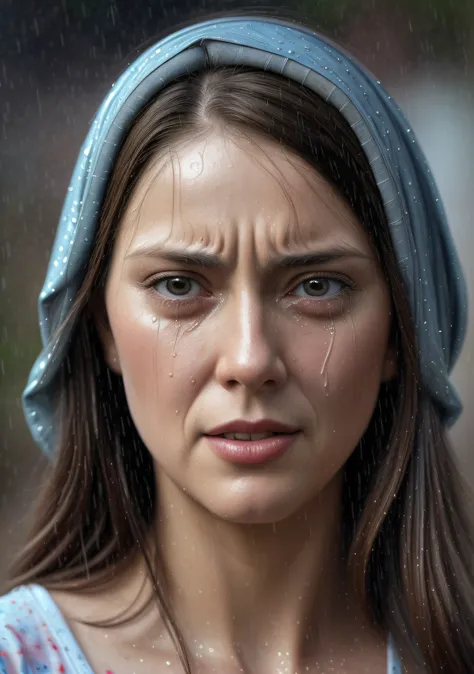 here's a crying woman who's looking at the camera in the rain, cinematic realistic portrait, pintura digital ultra realista, art...