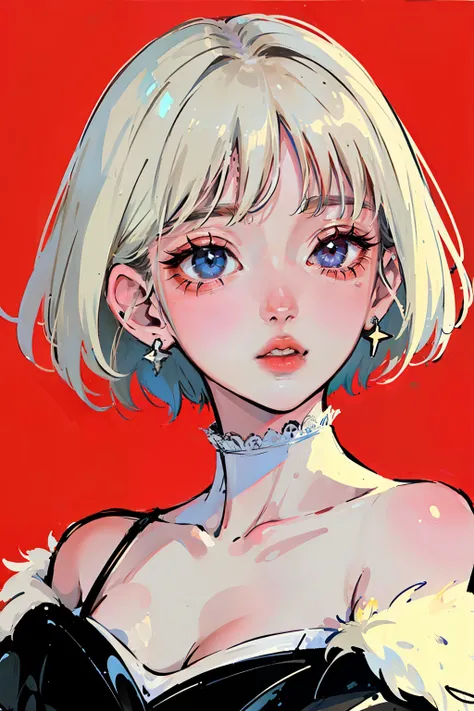 (Portrait:1.4), (masterpiece:1.2, best quality:1.2), top down, full body, 1white short haired girl, solo, Looking up, face focus, extremely detailed face, cold eyes, extremely detailed eyes, good looking, makeup, finger on lips, colored eyes red, white fur...