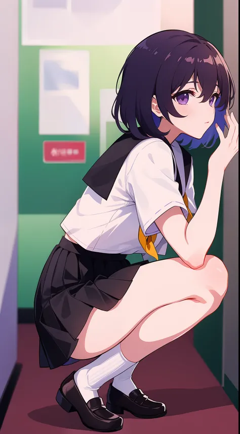 (名傌), ((best quality)), (super detail), 1 girl,seele, black hair shorthair, school, hallway, squatting, purple panties, pubic ha...