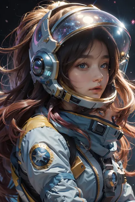 Digital drawing of a beautiful cute attractive magical fantasy astronaut woman, Big colorful long hair on the helmet, with whole body visible, Tight astronaut suit, Stardust, Background galaxy, Ultra-high quality clarity, 32K, HD, --AR 3:4 --s 750 --v 5.2