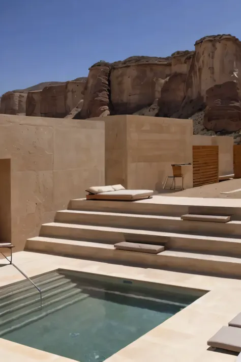 there is a pool in the middle of a desert with steps leading up to it, hillside desert pavilion, dirt yard, john pawson, inspira...