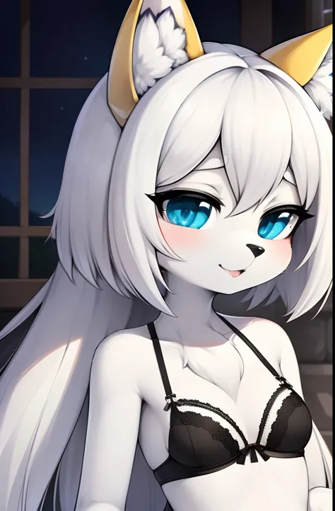 (furry:1.2), foco no corpo, peitos medios belas luzes e sombras, cabelo branco curto, olhos azuis, pelo branco fofo, ajoelhada no chao, lingerie rendada, envergonhada, cauda fofa, fundo de quarto fofo