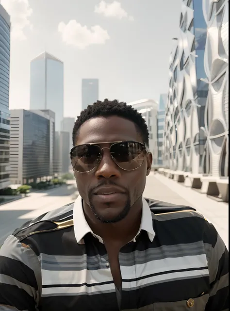 there's a black man in sunglasses and a striped shirt, godwin akpan, homem de 4 0 anos, in the background a futuristic city. hig...