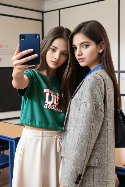 college girls, taking a selfie,2girl,selfie, expensive clothing, 4k, ultra res, high res, cute girl, realistic, hyperreal, ultra...