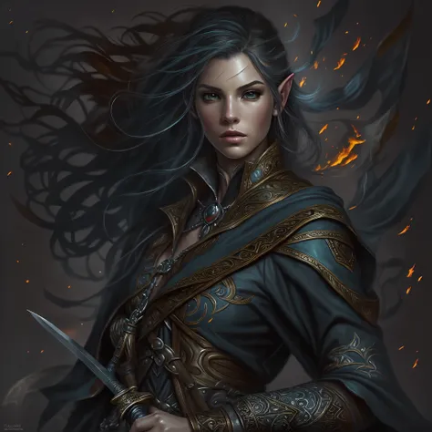 a picture of a female elf (intense details, masterpiece, best quality: 1.5) fantasy swashbuckler, fantasy fencer, armed with a s...