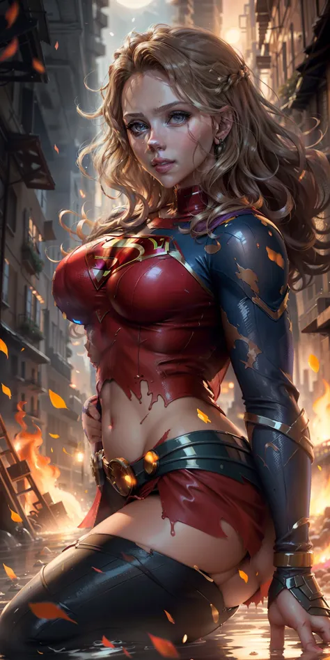 Sign: Hello,female (no ethnicity with long curly hair, brightly detailed face, perfect eyes,face Scarlett Johansson, detailed eyes, sultry smile, ((light eyes))), dressed as Supergirl in a burning city. The moonlight highlights his muscles and scars in bri...