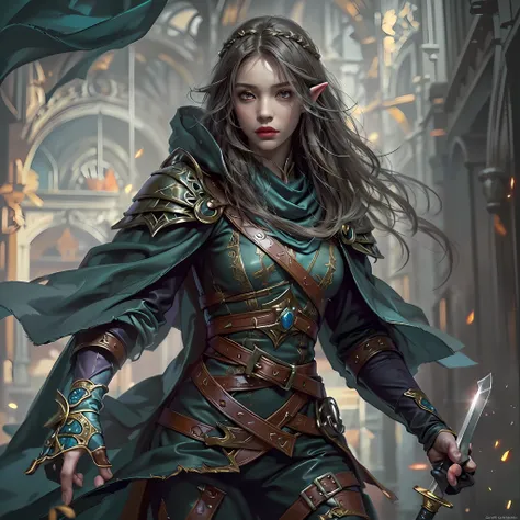 a picture of a female elf (intense details, masterpiece, best quality: 1.5) fantasy swashbuckler, fantasy fencer, armed with a s...