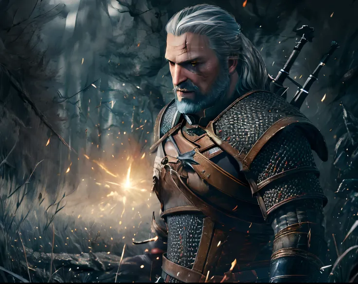 (masterpiece, top quality, best quality, official art, detailed:1.2),geraldoW3, solo, upper body, ponytail, weapon, grey hair, male focus, sword, armor, facial hair, holding sword, beard, realistic, chainmail, medallion