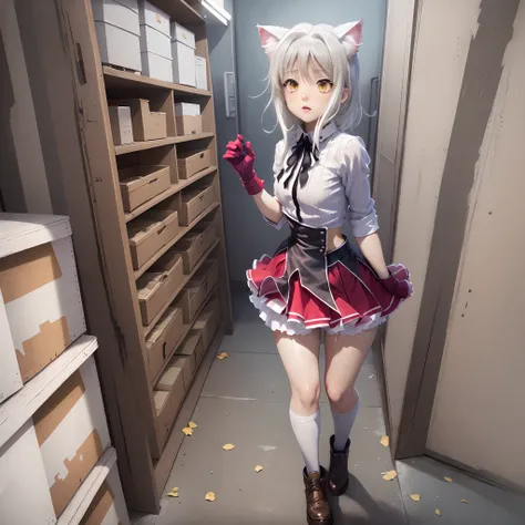 gym storeroom, koneko toujou (dxd), 1girl, white cat ears, (classic uniform), white cat tail, school hallway, red skirt, small b...