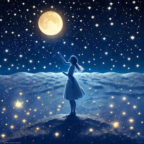 1girl in,standing、crescent_empty moon, earth_\(planet\), fireflys, fireworks, full_moon, galaxy, light_particle, milky_way, moon...