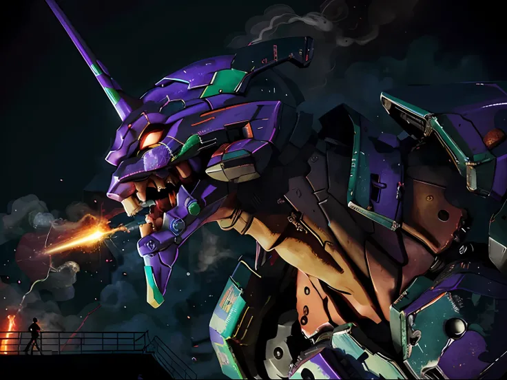 eva 01, open mouth,steam,Laser beam,BOOM,evagod,evangelion mecha, science fiction, looking at viewer, (official art, Best quality, masterpiece:1.2), illustration, high res, beautiful abstract background, Futurism, cyberpunk, intense angle, close-up,silhoue...