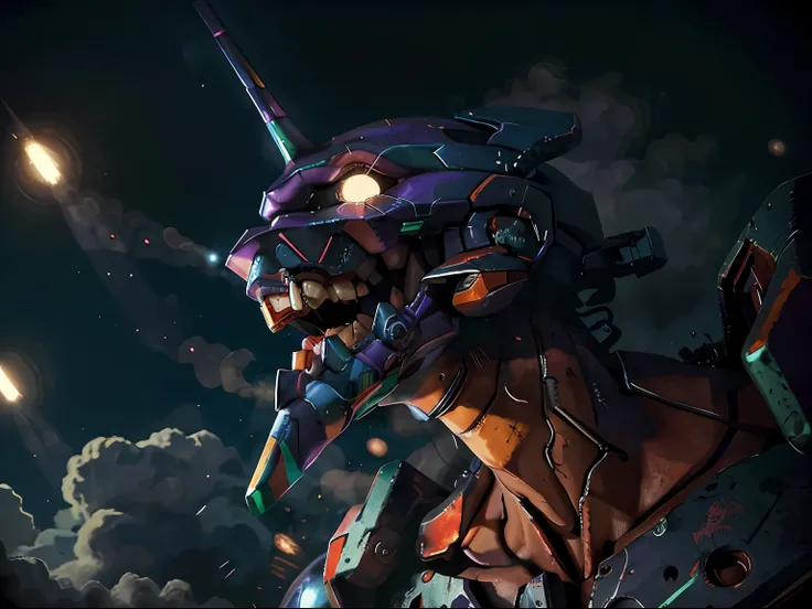 eva 01, open mouth,steam,Laser beam,BOOM,evagod,evangelion mecha, science fiction, looking at viewer, (official art, Best quality, masterpiece:1.2), illustration, high res, beautiful abstract background, Futurism, cyberpunk, intense angle, close-up,silhoue...