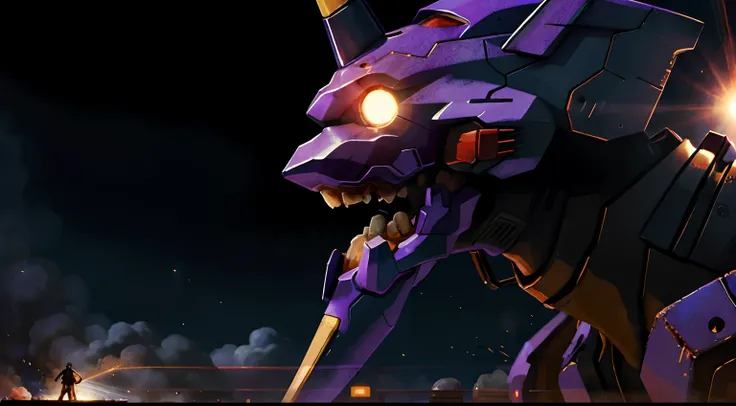 eva 01, open mouth,steam,Laser beam,BOOM,evagod,evangelion mecha, science fiction, looking at viewer, (official art, Best quality, masterpiece:1.2), illustration, high res, beautiful abstract background, Futurism, cyberpunk, intense angle, close-up,silhoue...