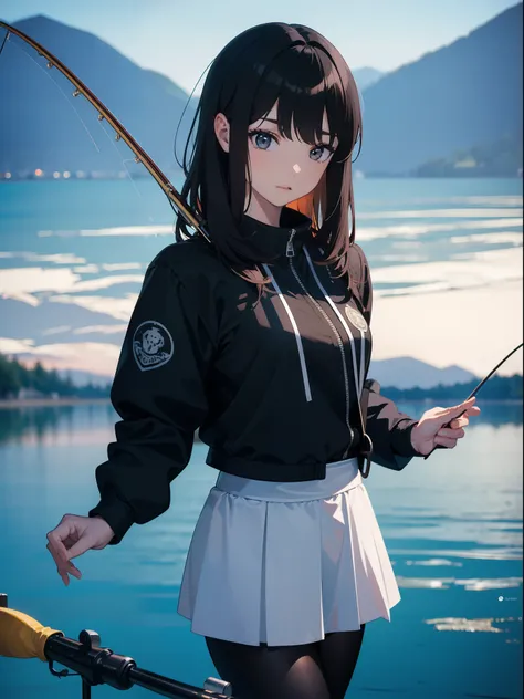 ((((holding a fishing rod by the lake)))),((Best Quality, masutepiece :1.3)),hight resolution,ultra-detailliert,Official art,Beauty and aesthetics,masterpiece,best qualtiy,ighly detailed,1 japanese girl,Black hair, long eyeslashes, Solid Circle Eyes, dead...