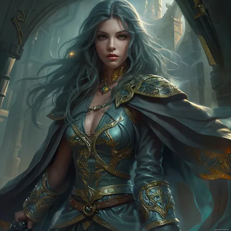 a picture of a female elf (intense details, Masterpiece, best quality: 1.5) fantasy swashbuckler, fantasy fencer, armed with a slim sword, shinning sword, metallic shine, colorful clothes, an ultra wide shot, full body (intense details, Masterpiece, best q...