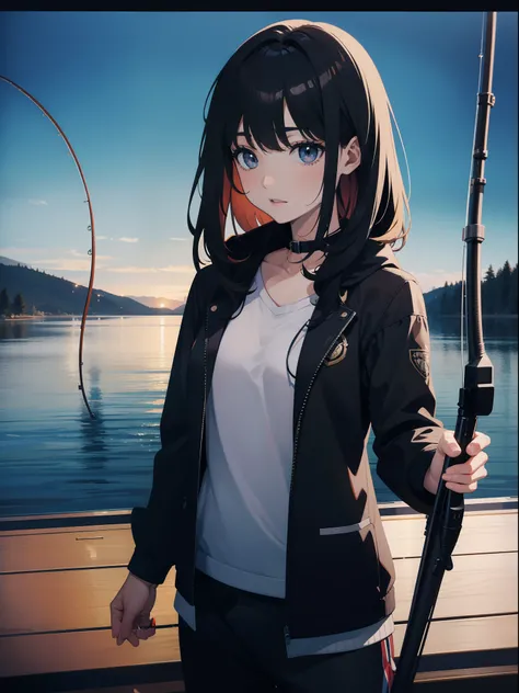 ((((Holding a fishing rod by the lake)))),((Best Quality, masutepiece :1.3)),hight resolution,ultra-detailliert,Official art,Beauty and aesthetics,masterpiece,best qualtiy,ighly detailed,1 japanese girl,Black hair, long eyeslashes, Solid Circle Eyes, dead...
