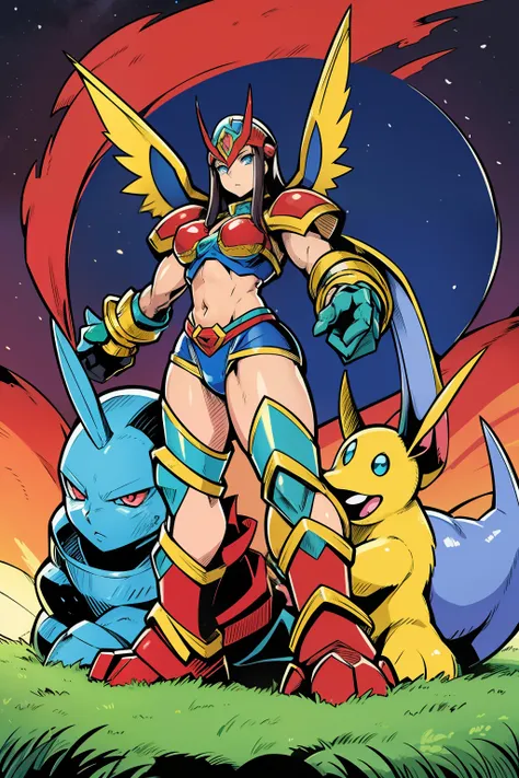 barbarian, digimon, insect angel with multiple heads full armor, guyver, sentai, big breast, big vagina, robot girl