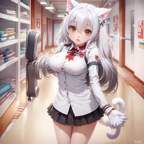 gym storeroom, koneko toujou (dxd), 1girl, white cat ears, (classic uniform), white cat tail, school hallway, red skirt, small b...