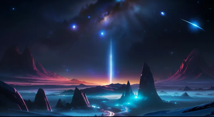 a mountainous landscape illuminated with a distant galaxy in the background, ((Several distant galaxies in the sky)), galactic landscape, magnificent background, ((11 pessoas olhando o horizonte)), epic dreamlike fantasy landscape, epic beautiful space sci...