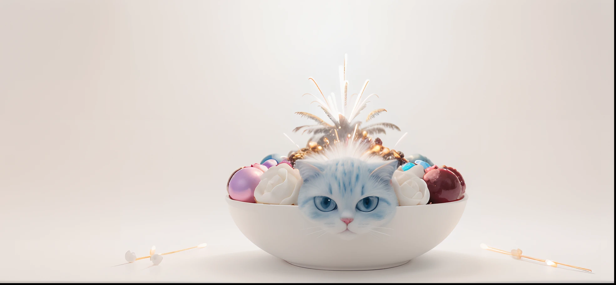 (white_background:1.5),(full photo,)white theme,fireworks making Jelly Cat, hd, ultra detailed, realistic, masterpiece,no_humans,science fiction,white background,white light show