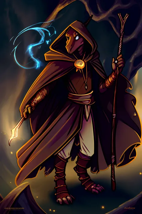 kobold, sorcerer, skinny, wearing shorts and brown cloak, golden necklace, holding magical staff above head, cavern