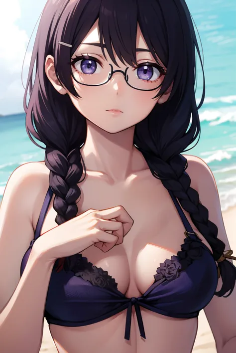 hanekawatsubasa, hanekawa tsubasa, long hair, black hair, hair ornament, (purple eyes:1.1), braid, hairclip, twin braids, glasse...