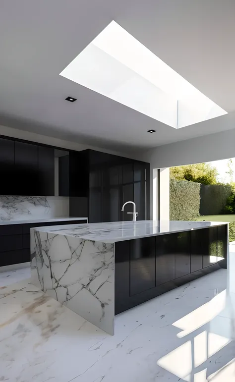 there is a large kitchen with a marble counter and a large window, award-winning render, architectural visualisation, archviz, detailed archviz render, architectural visualization, award winning render, architectural render, realistic physical rendering, v...