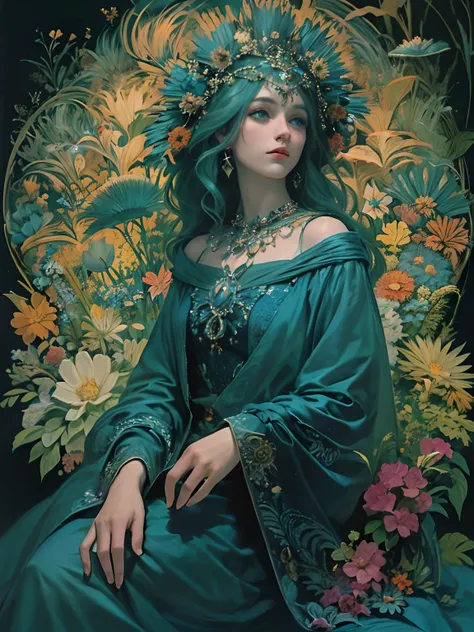 Estilo Brian Froud, Art Acid Neon, dark, cyan and indigo, claroscuro, comiс style, retrato de enamorados, flores, dynamic, Altamente detallado, Craftsmanship, arte conceptual, Suave, enfoque, illustration, arte por arte Jean-Auguste-Dominique Ingres y Carl...