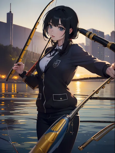 ((((having a fishing rod with a reel by the lakeside)))),((Best Quality, masutepiece :1.3)),(((fishing rod:1.9)))hight resolution,ultra-detailliert,Official art,Beauty and aesthetics,masterpiece,best qualtiy,ighly detailed,1 japanese female,Black hair, lo...