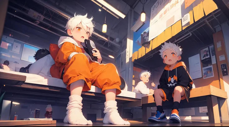 2 chubby Little boys with White hair and shiny orange eyes and colorful socks wearing a hoodie, and oversized sweatpants sitting on a bed, young, boy, child, small, toddler, sparkles falling from sky, night, dark, soft light, (sweatpants:1.4), (socks:1.4),...