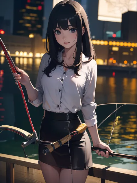 ((((having a fishing rod with a reel by the lakeside)))),((Best Quality, masutepiece :1.3)),((( just one fishing rod:1.9)))hight resolution,ultra-detailliert,Official art,Beauty and aesthetics,masterpiece,best qualtiy,ighly detailed,1 japanese female,Blac...