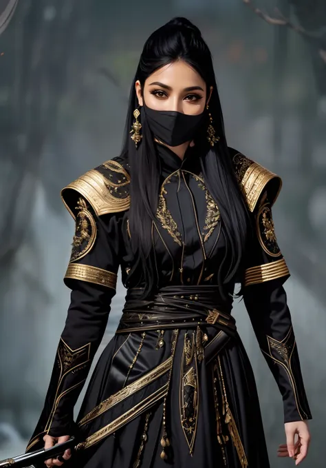 a woman in a black outfit and a mask , assassina feminina, assassina feminina bonita, usando armadura assassina de couro, epic e...