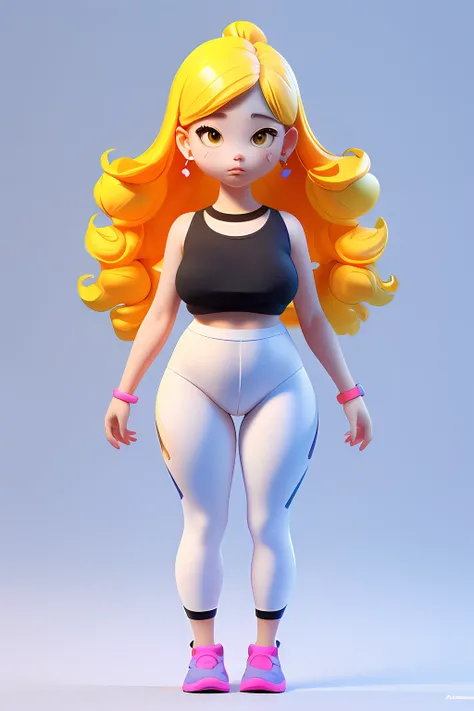 3dcharacter,chubby girl , wavy colorful hair with yellow highlights, wearing earrings, strapless shirt, leggings, (full body:1.2),simple background, masterpiece,best quality,(white background:1.1)