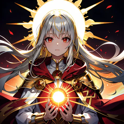 (sun:1.2),shine,shining,glow,gleam,highlight,girl,glowing hair,gold hair,silver hair,long hair,aura of light,red cloak,metalhear...