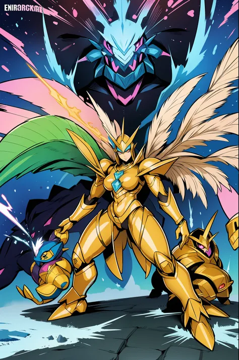 "Powerful barbarian with insect-like angelic armor, reminiscent of Digimon and Guyver, joins forces with a group of sentai heroes. The robot girl with huge breasts adds an overwhelming presence to the scene."
