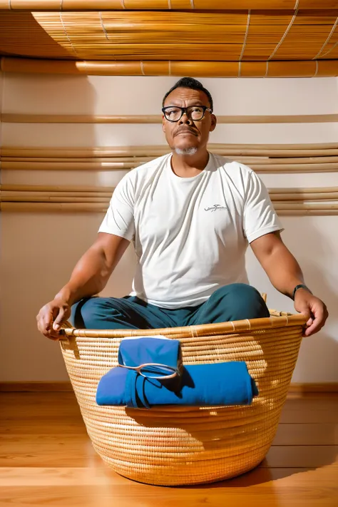 guttonervision8, Studio photograph of a man wearing glasses inside a basket made of straw and bamboo on top of a table, (hiper-realismo :1.3), (fotorrealista, 8k, UHD: 1.3), (hiper detalhado :1.2), fotografia de estudio com tecnica chiaroscuro