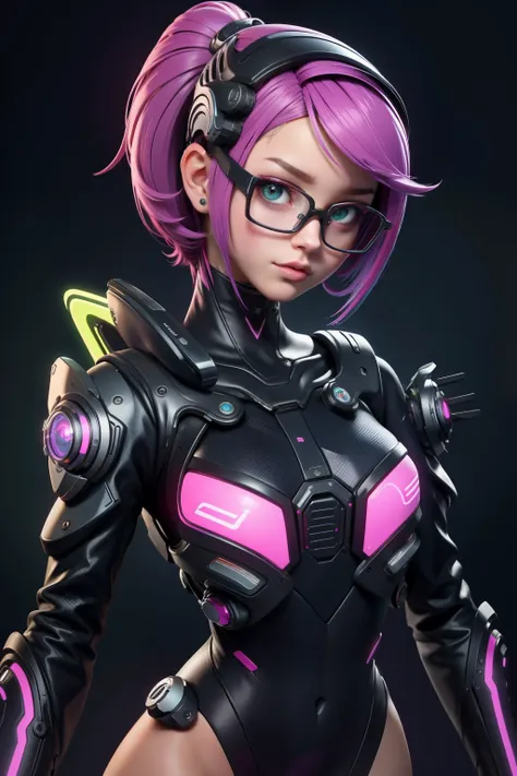 a woman in a futuristic outfit with glasses and a futuristic outfit, ciborgue - menina com cabelo prateado, menina ciborgue boni...