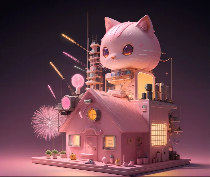 (pink_background:1.5),(full photo,)pink theme,fireworks making jelly cat, hd, ultra detailed, realistic, masterpiece,no_humans,s...