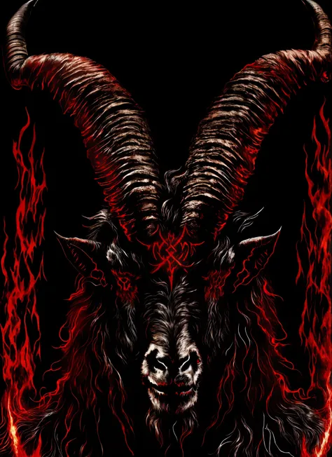 baphomet: the goat devil, hellish, goat devil, hellish horror, glowing red eyes, flames, evil encarned, goat head, horrifying, p...